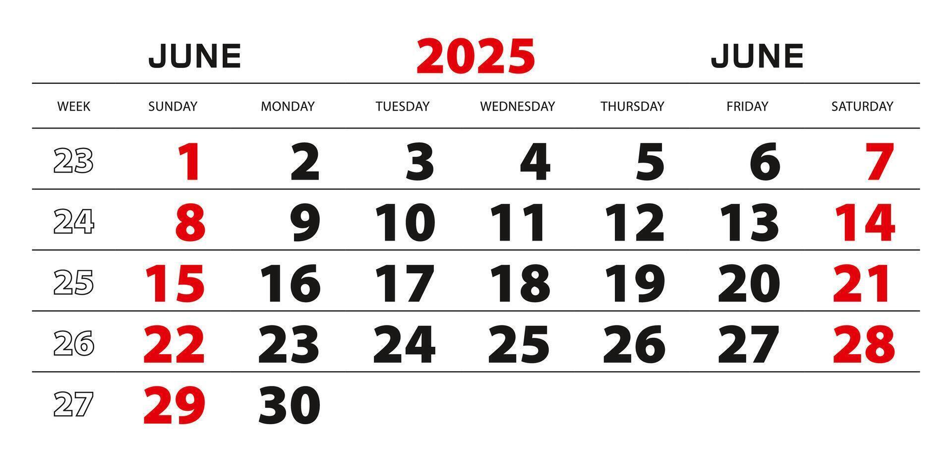 Wall calendar 2025 for june, week start from sunday. vector