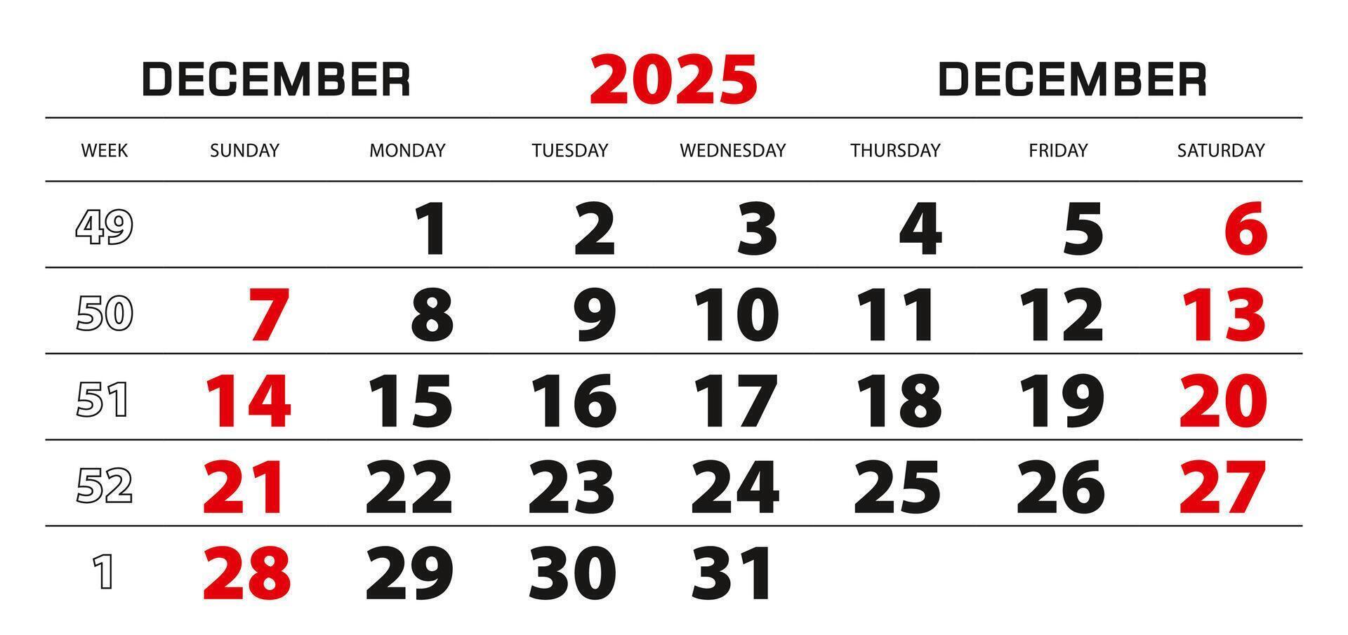 Wall calendar 2025 for december, week start from sunday. vector