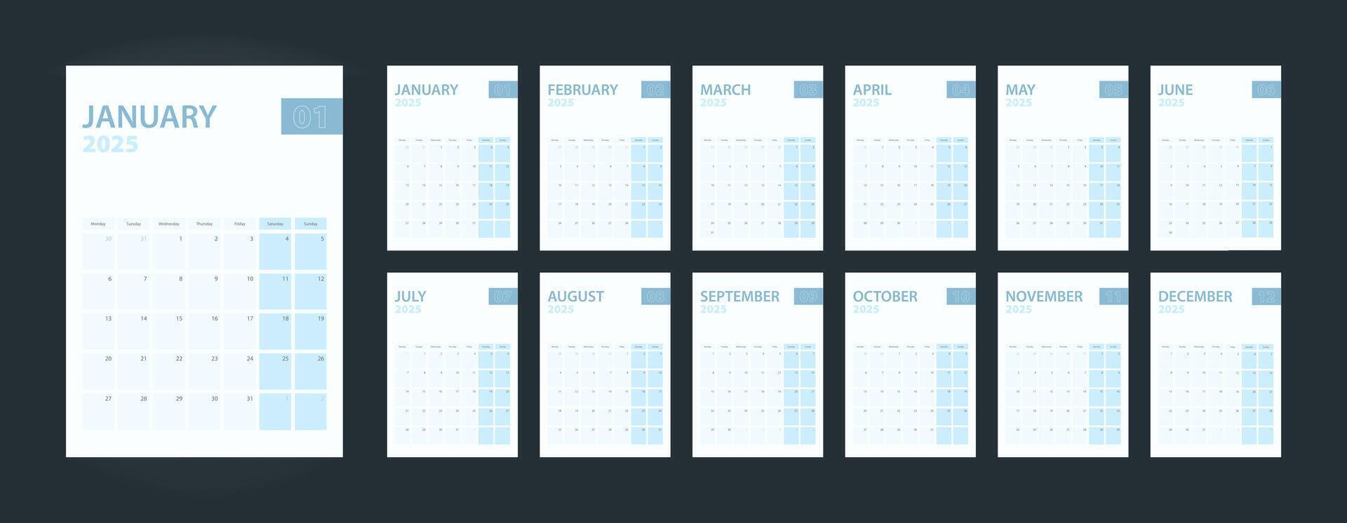 Vertical calendar 2025, set of 12 pages of calendar 2025. vector