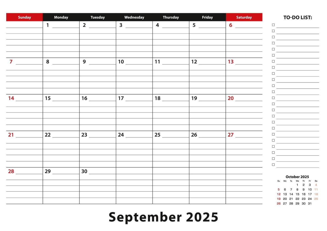 September 2025 Monthly Desk Pad Calendar week starts from sunday, size A3. vector