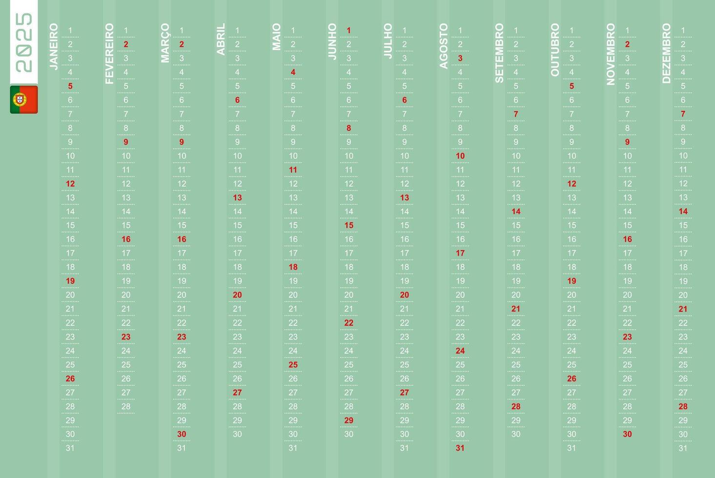 One-row vertical calendar for the year 2025 in Portuguese. Portuguese calendar for 2025 with highlighted Sundays. vector