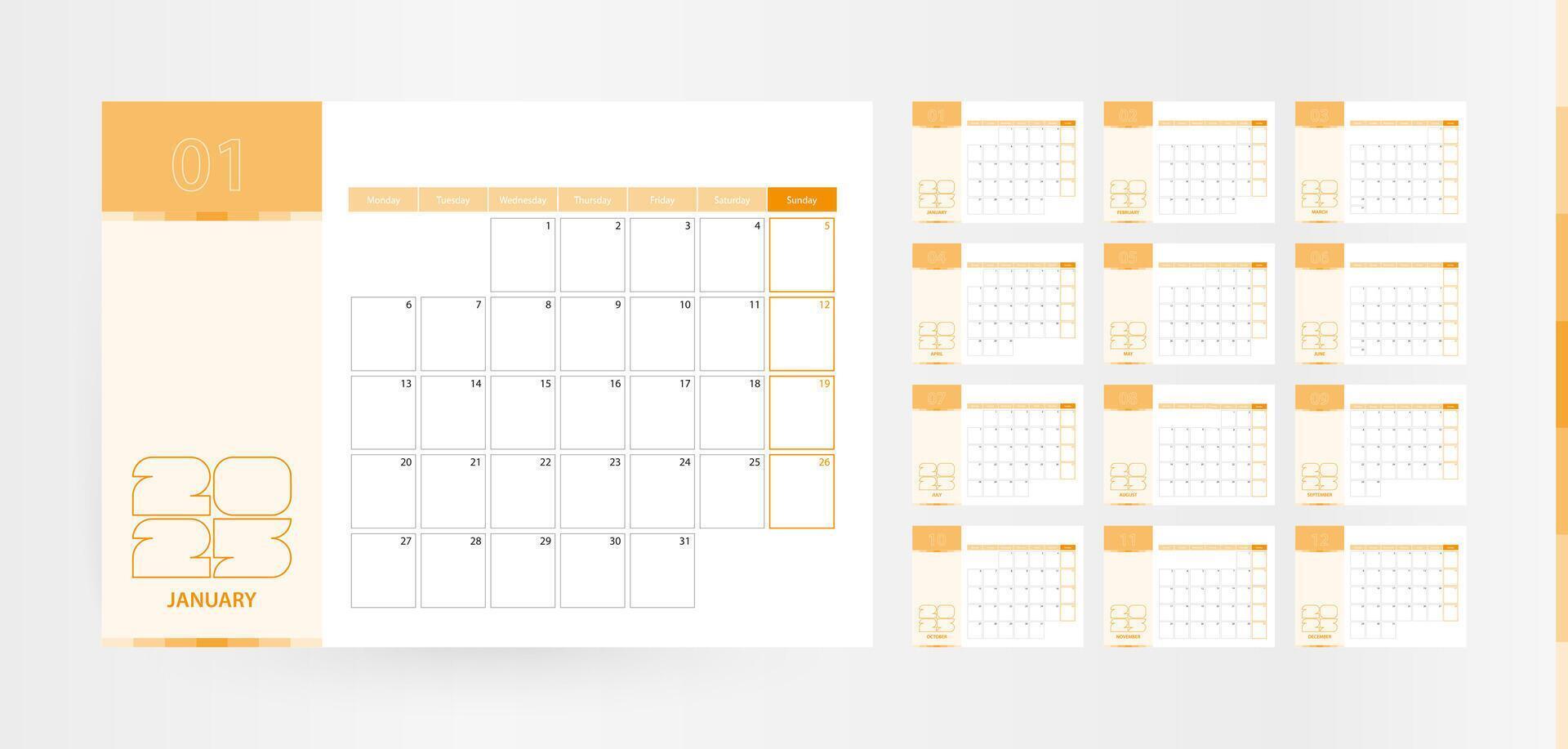 Horizontal planner for the year 2025 in the orange color scheme. The week begins on Monday. A wall calendar in a minimalist style. vector