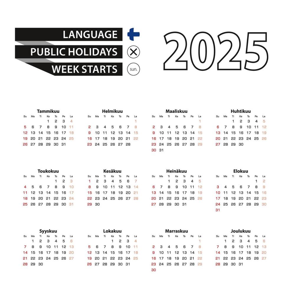 2025 calendar in Finnish language, week starts from Sunday. vector