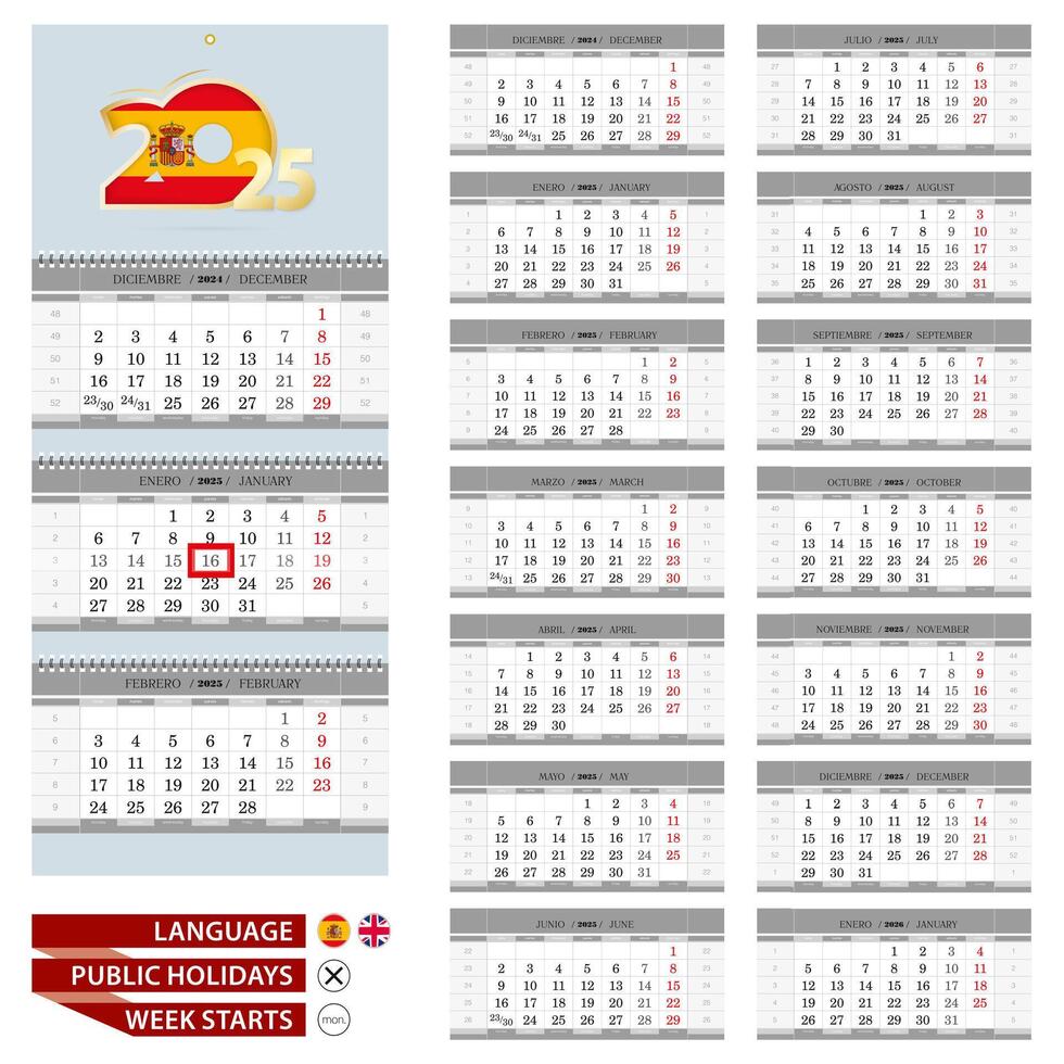 Spanish and English language calendar for 2025 year. Week starts from Monday. vector