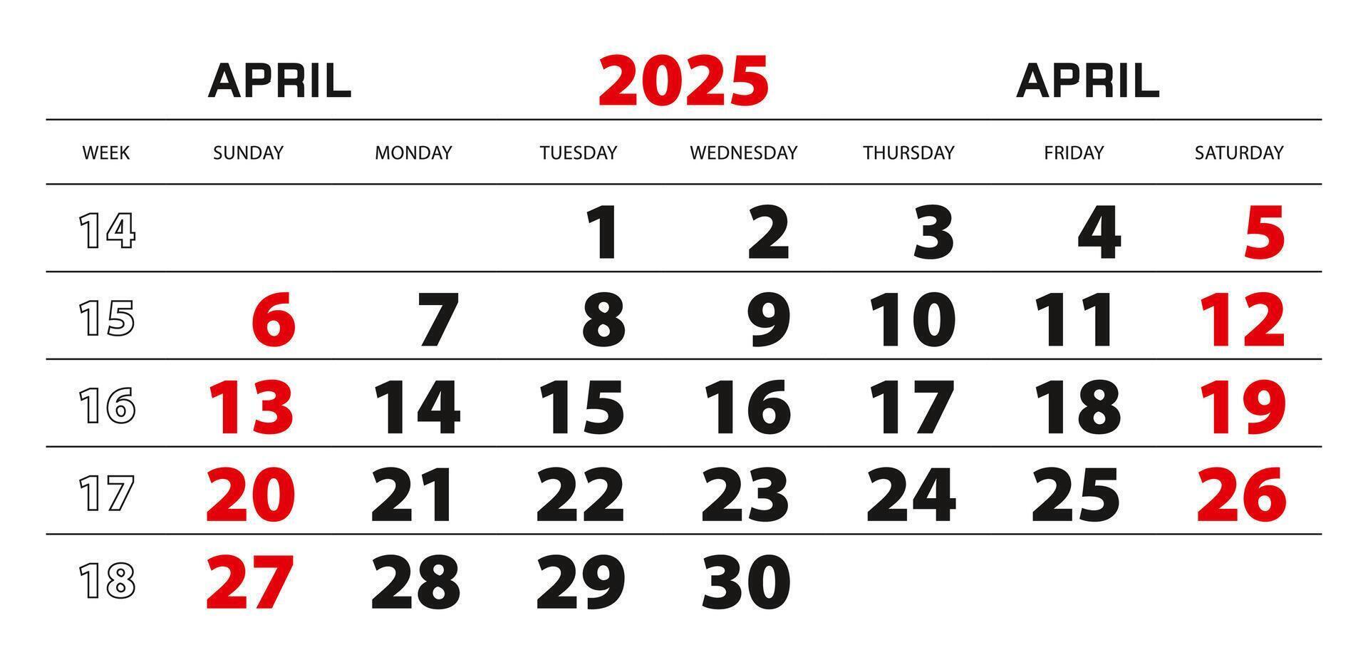 Wall calendar 2025 for april, week start from sunday. vector