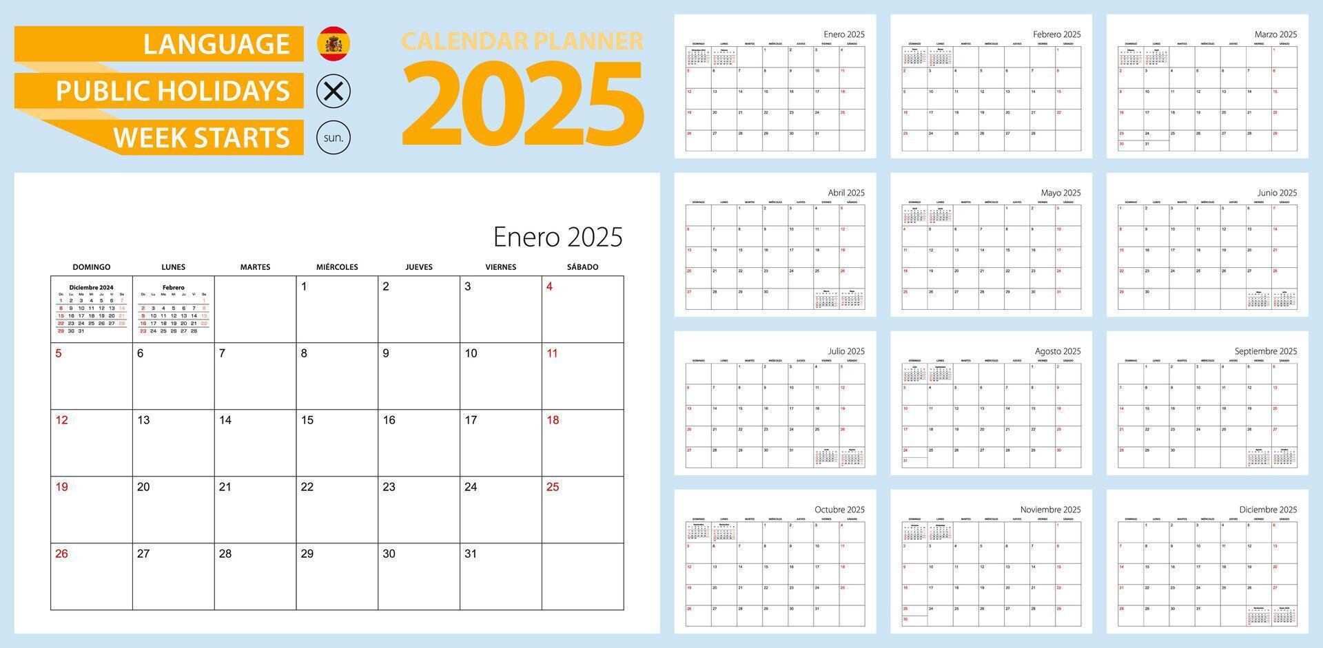 Spanish calendar planner for 2025. Spanish language, week starts from Sunday. vector