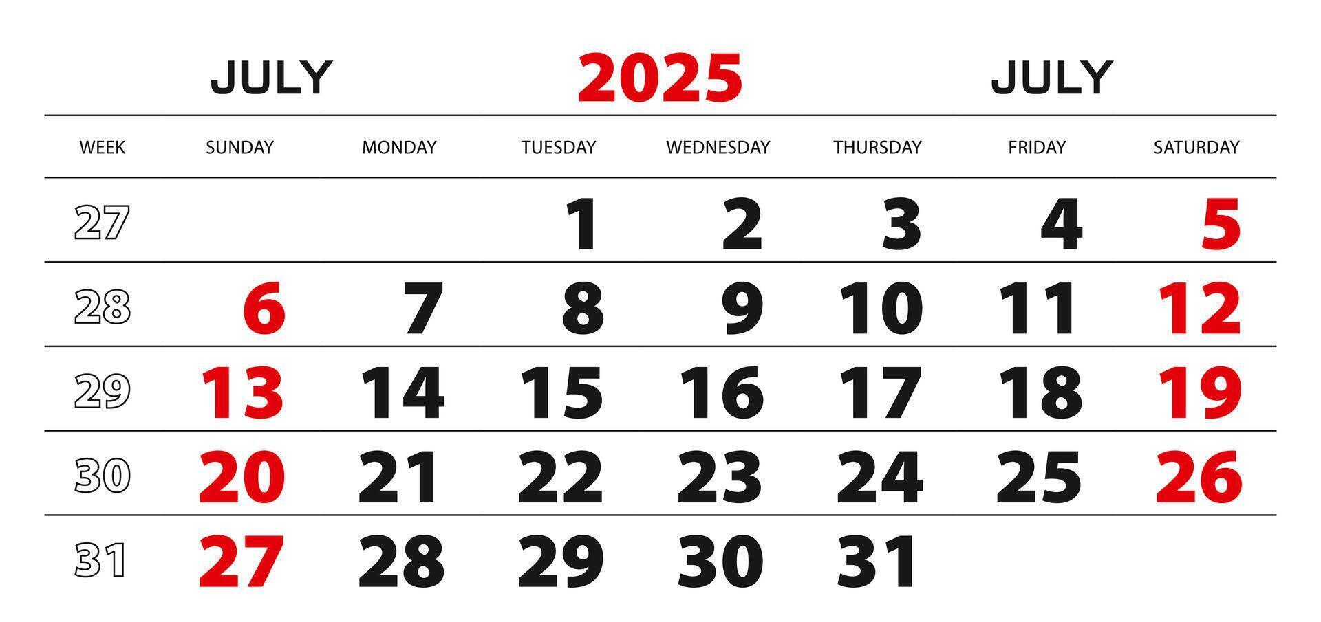 Wall calendar 2025 for july, week start from sunday. vector