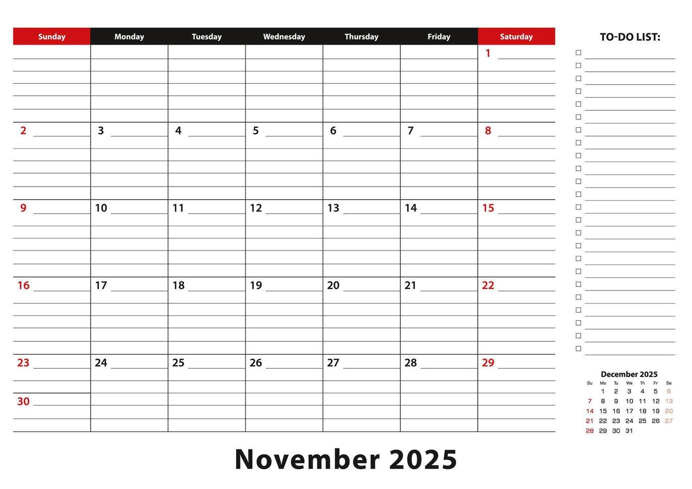 November 2025 Monthly Desk Pad Calendar week starts from sunday, size A3. vector