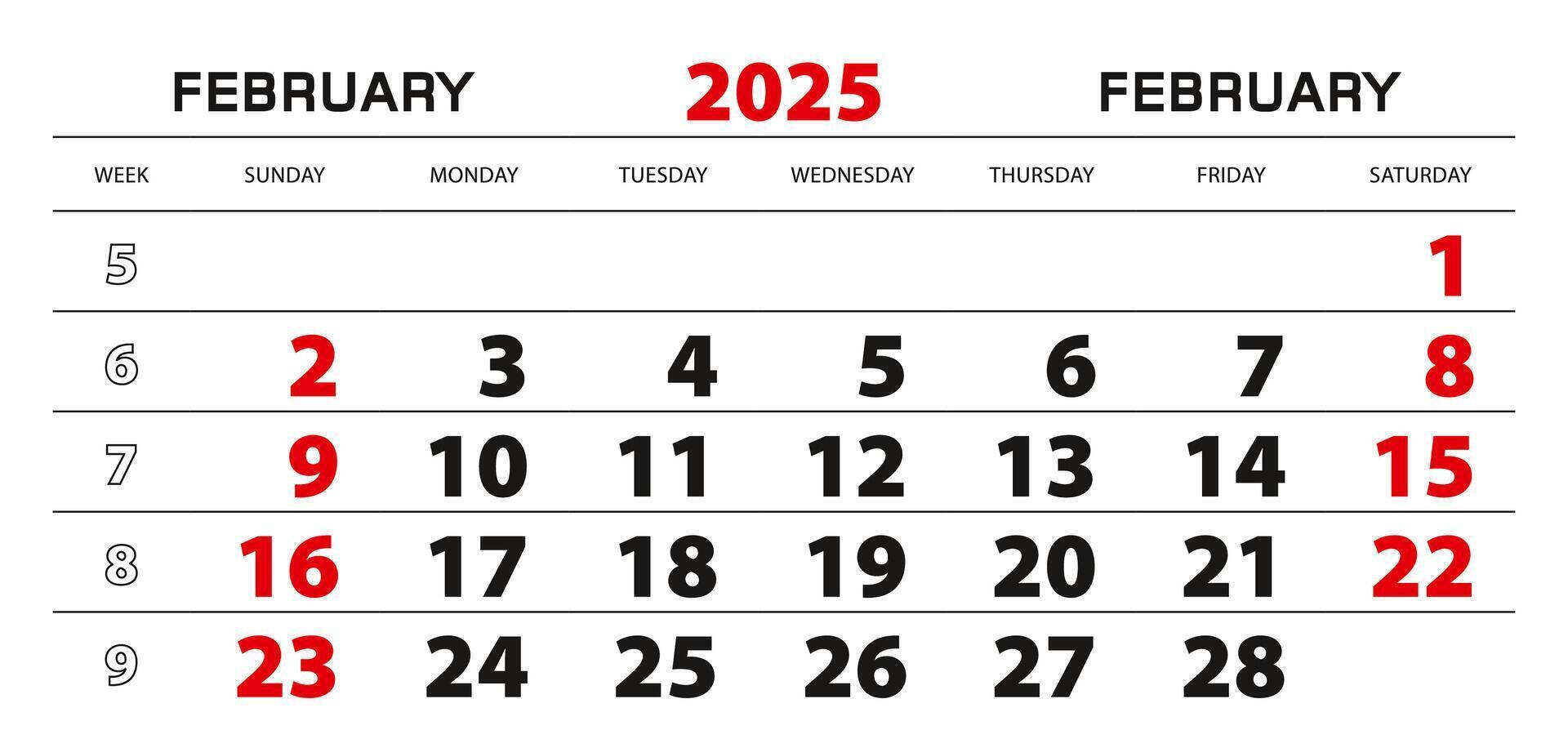 Wall calendar 2025 for february, week start from sunday. vector