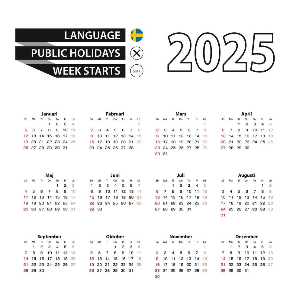 2025 calendar in Swedish language, week starts from Sunday. vector