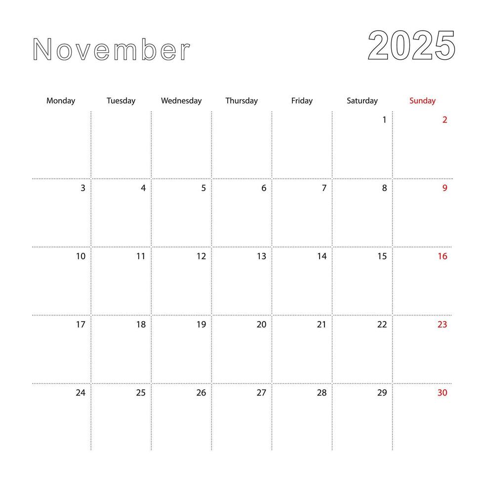 sencillo pared calendario para noviembre 2025 con punteado líneas. el calendario es en inglés