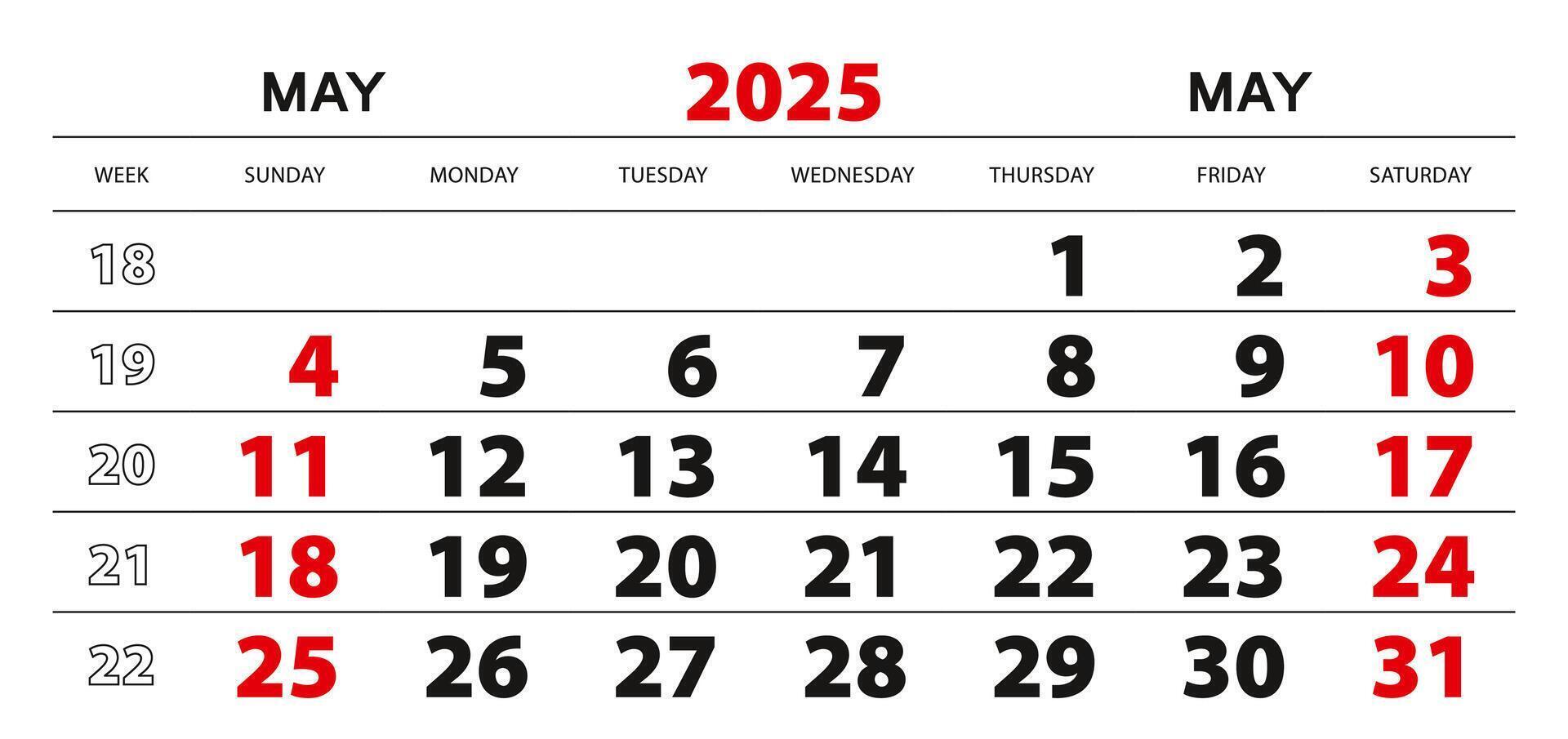 Wall calendar 2025 for may, week start from sunday. vector