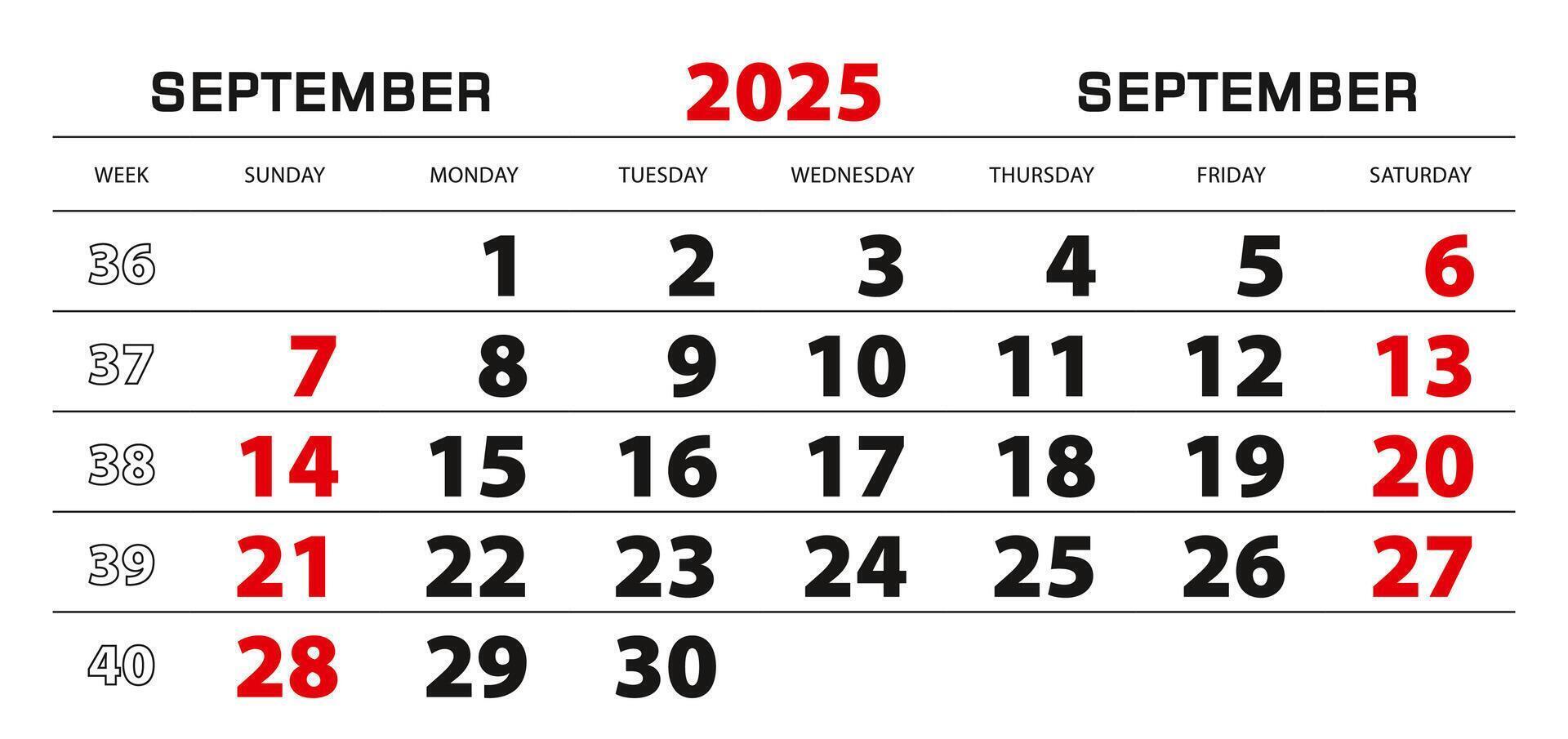 Wall calendar 2025 for september, week start from sunday. vector