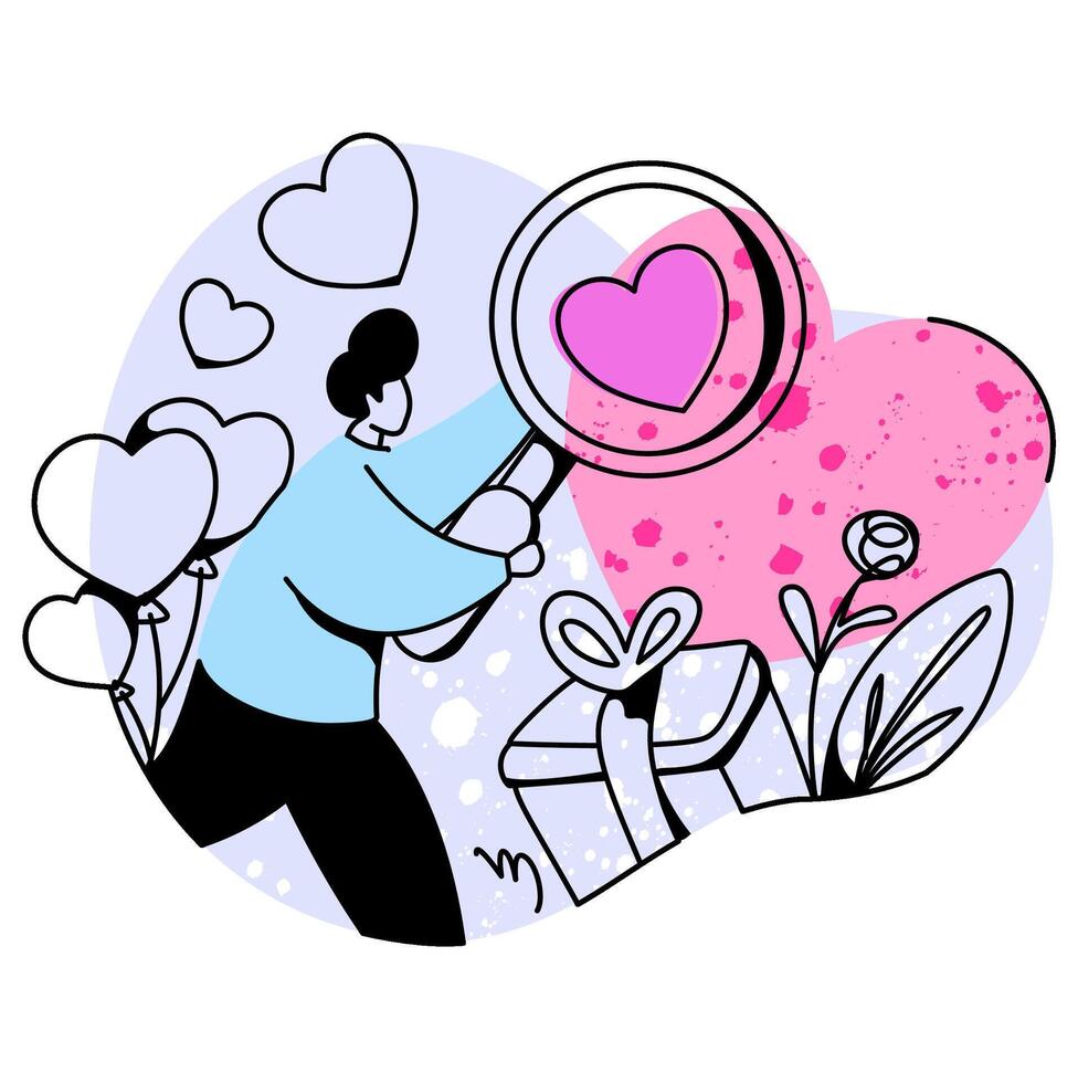 Hearts and Enlargement Glass with Nature Elements A timeless design of a heart pierced by an Enlargement Glass, surrounded by elegant floral patterns. Ideal for Romantic Product Packaging vector