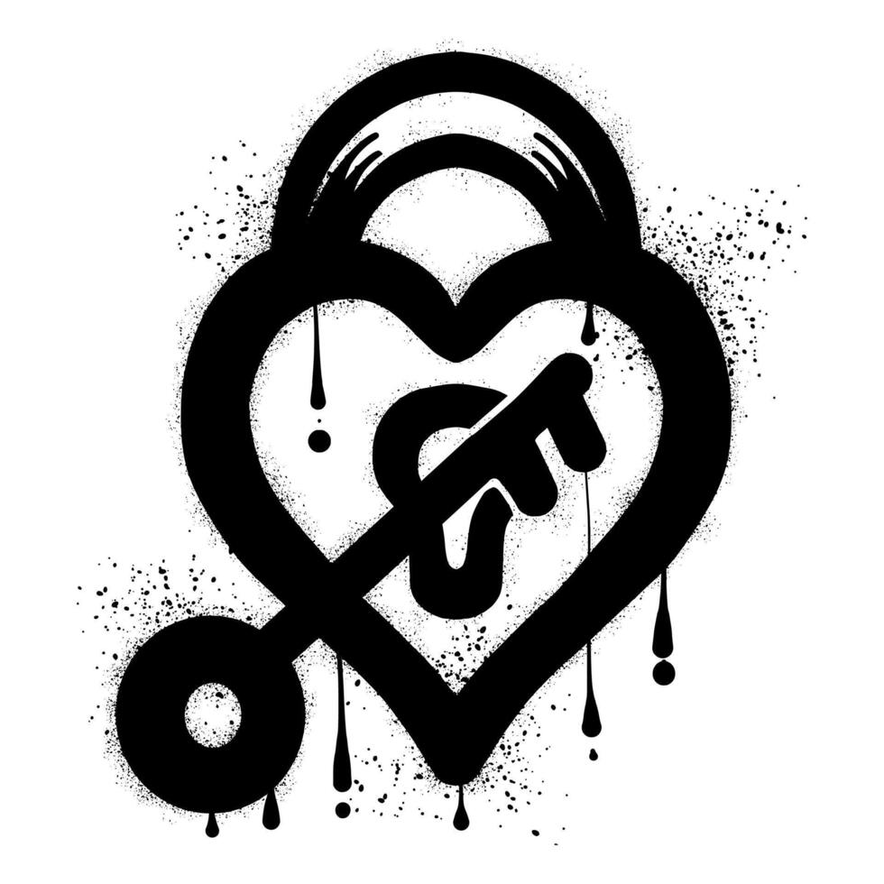Heart shaped padlock and key with black spray paint graffiti vector