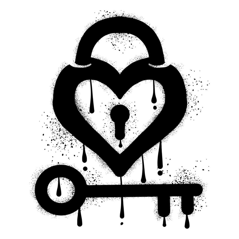 Hand drawn key and heart shaped padlock with black spray paint graffiti vector
