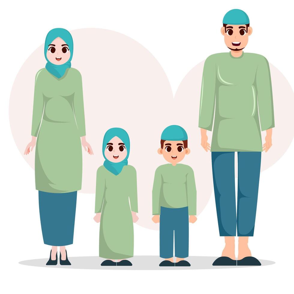 Flat illustration muslim family, mother father and two childreens, sholeh sholehah, ied al fitr, ramadan vector