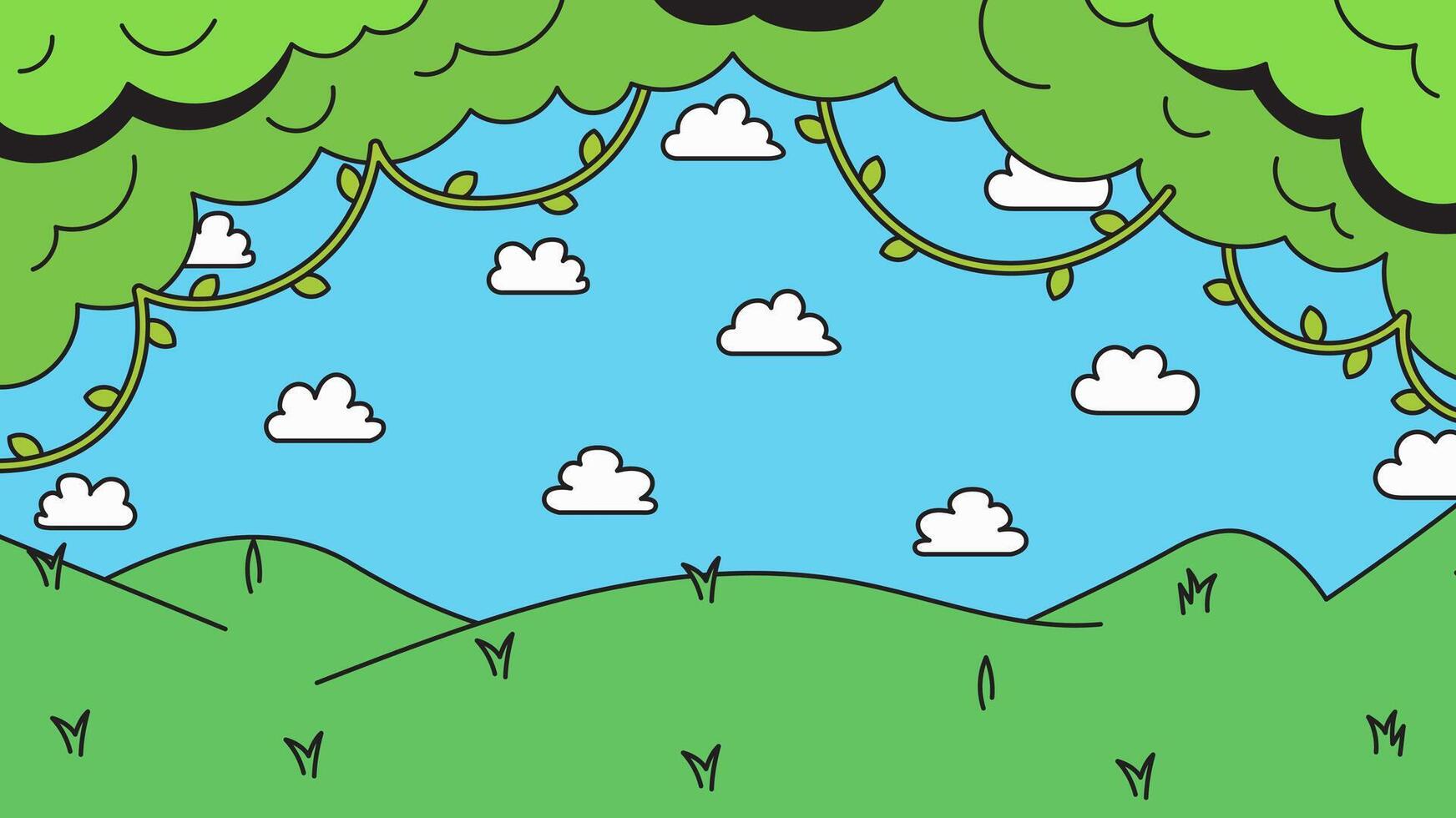 Tree and mountain cloud cartoon hand drawn background vector