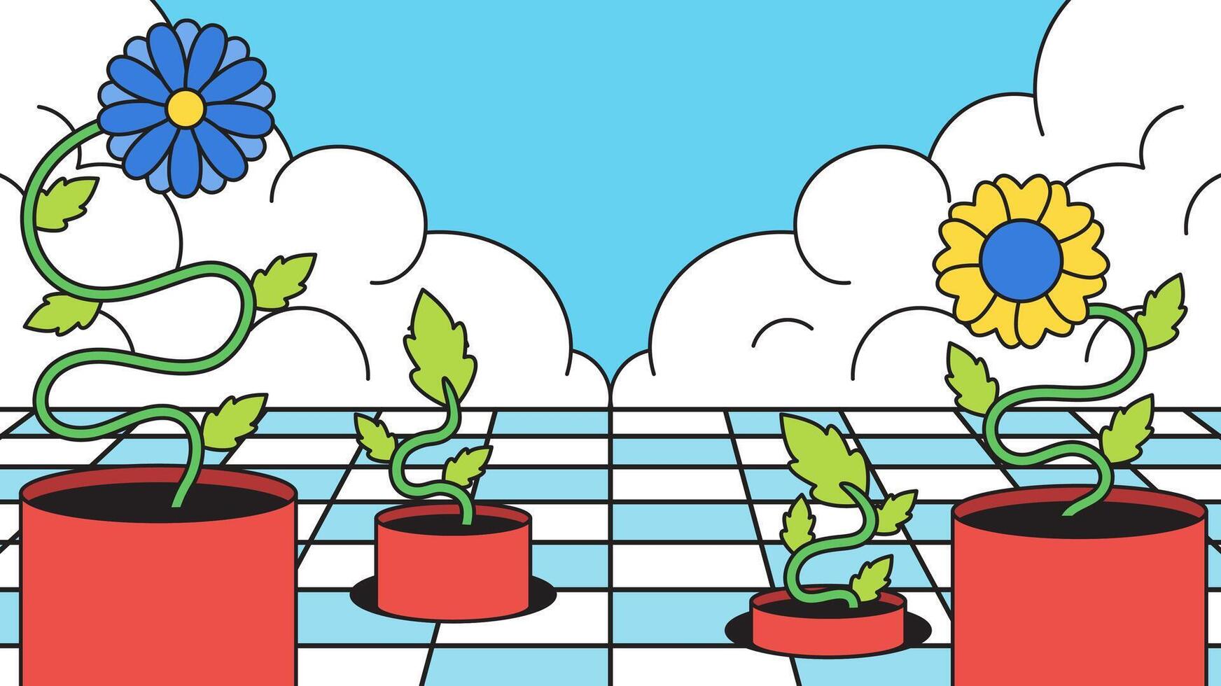 Floral pots with flower and cloud background vector