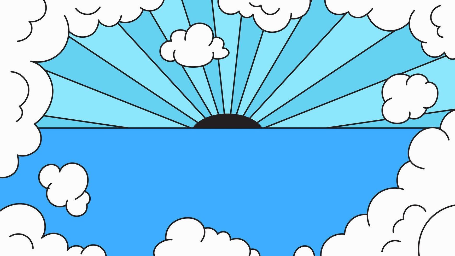 Sunrise over water cartoon retro hand drawn illustration vector