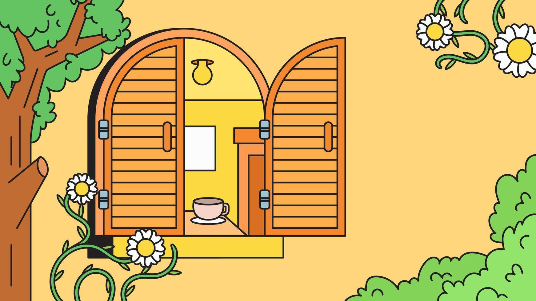 Cozy room in open shutter window cartoon illustration vector
