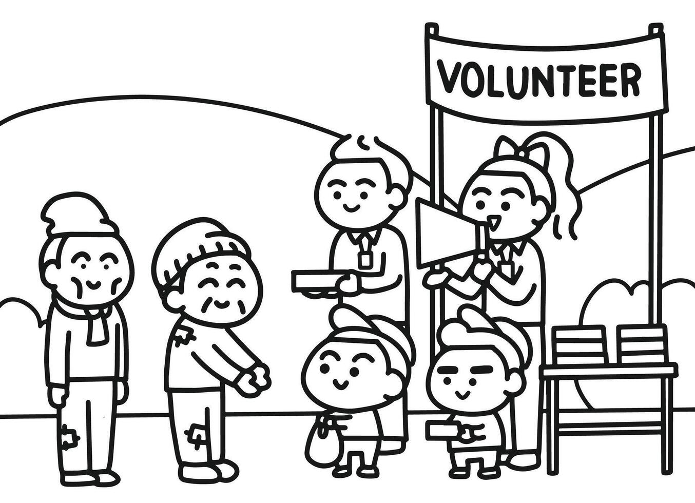 The boy go to volunteer with friend coloring pages style. vector