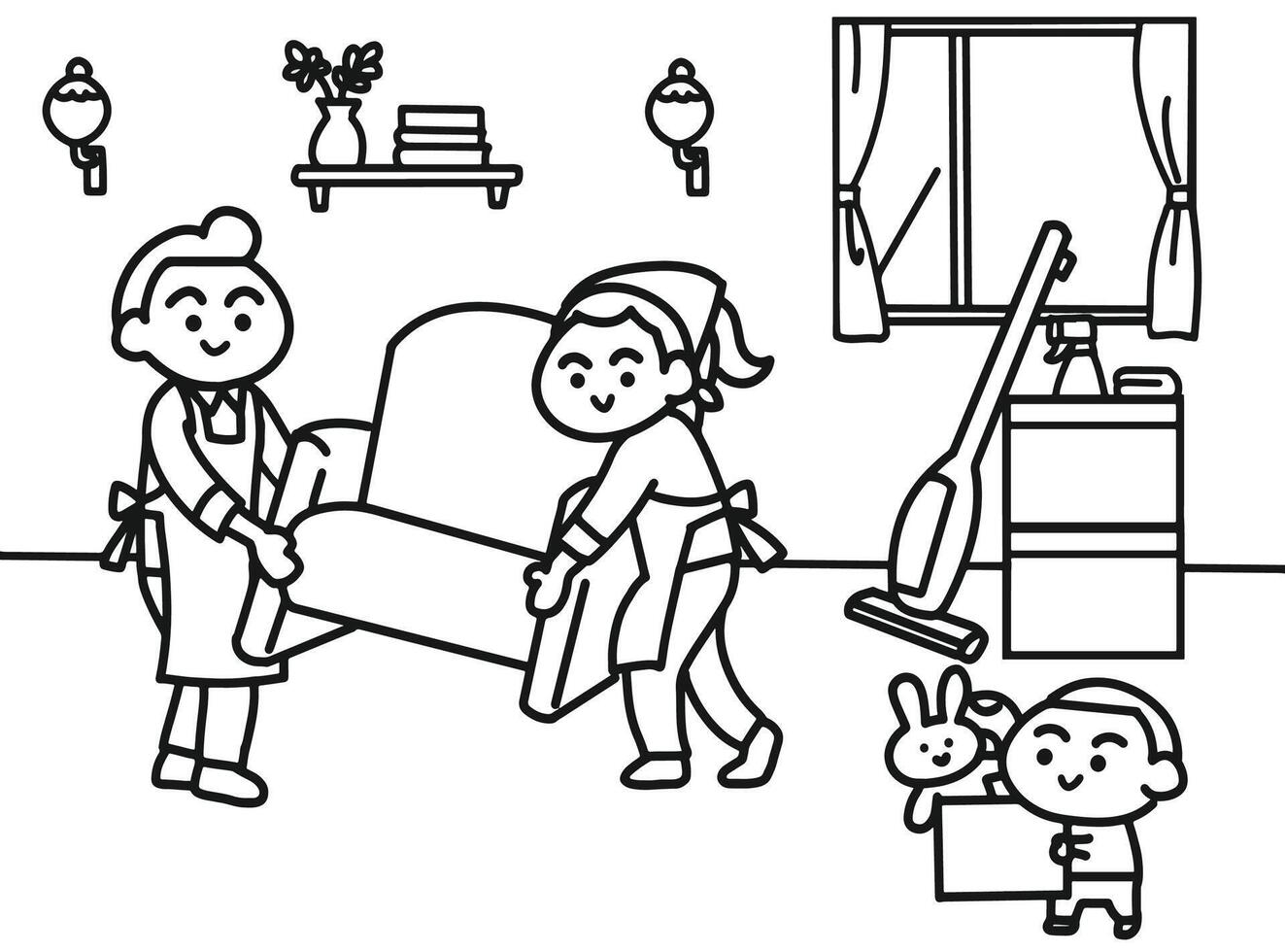 Family organizing home coloring pages style. vector