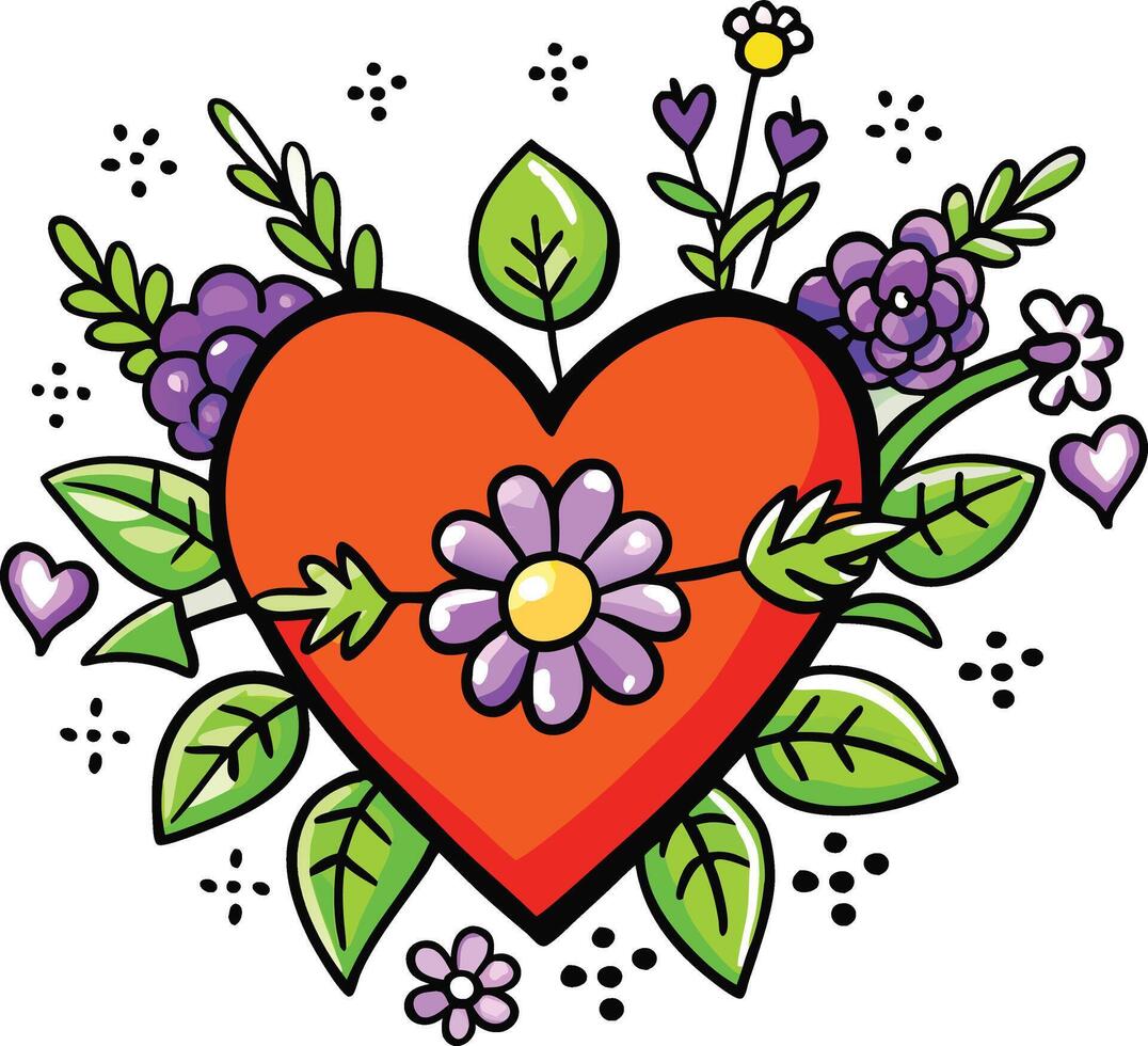 Colorful Flower Heart Illustration - A colorful heart design surrounded by lush flowers and leaves. Ideal for creative and decorative use. vector