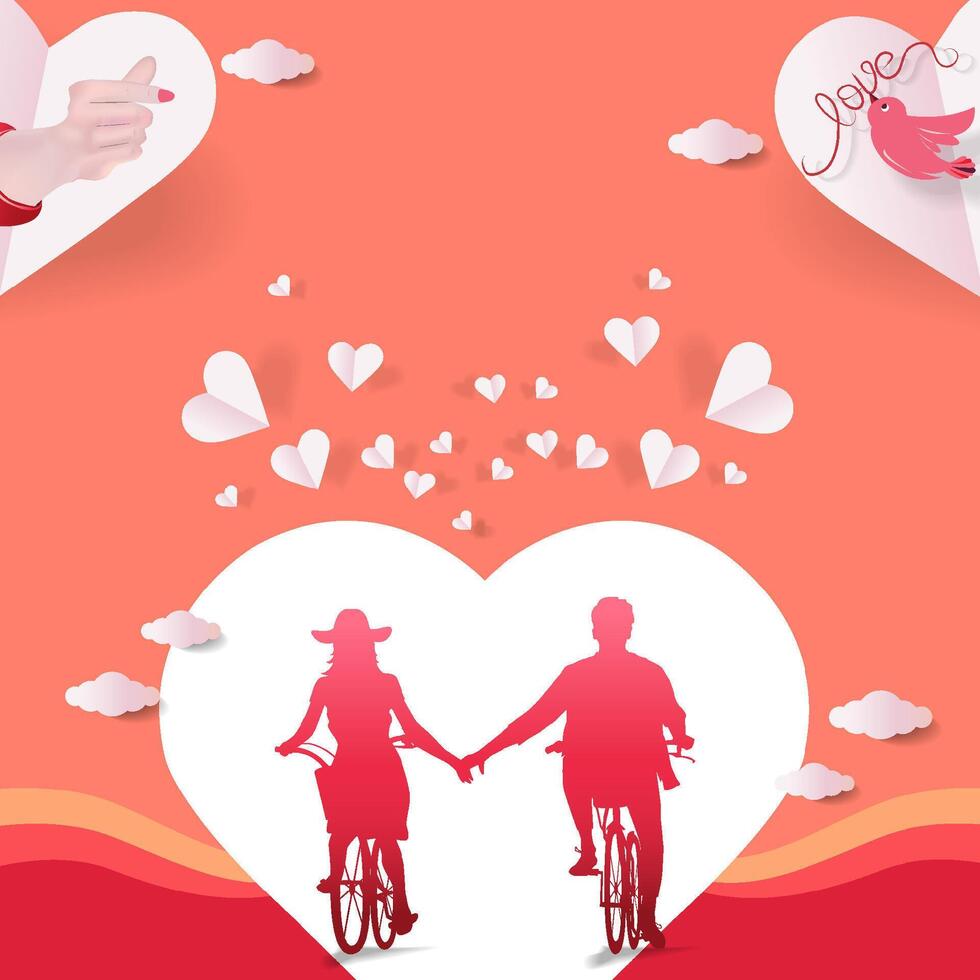 Illustration of a couple in love cycling with a love symbol in the background vector
