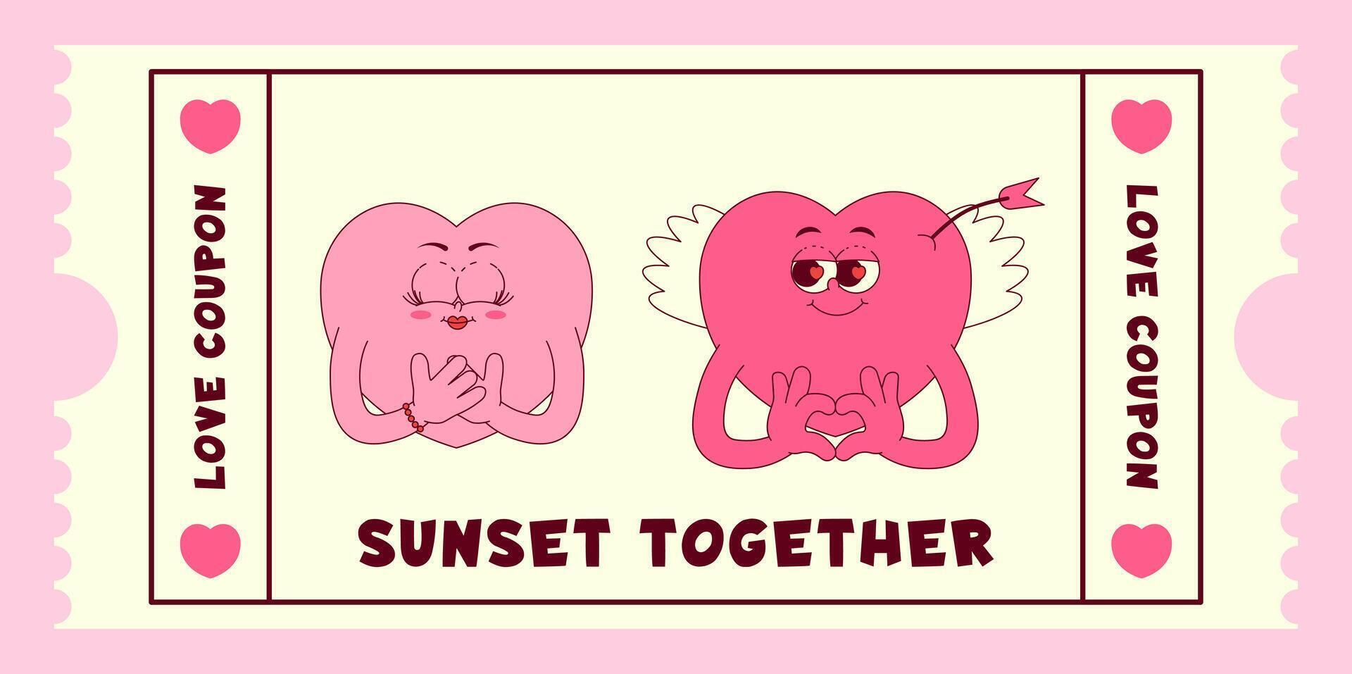 Love coupon with cute couple hearts characters in retro groovy style. Sunset together. Valentines day, February 14 and other love holiday. Horizontal illustration vector