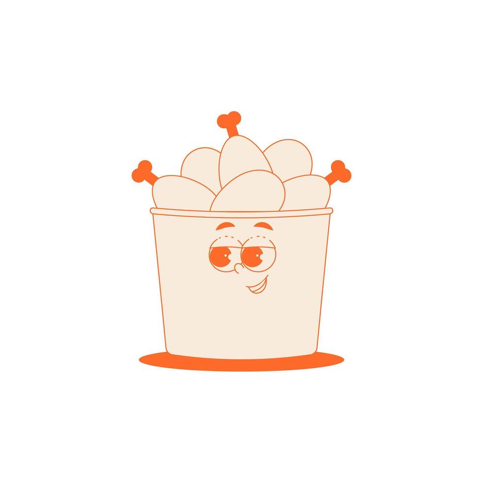 Funky character red box with chicken thighs in trendy retro groovy style. Psychedelic fast food mascot with face. Cool sticker in monochrome palette vector