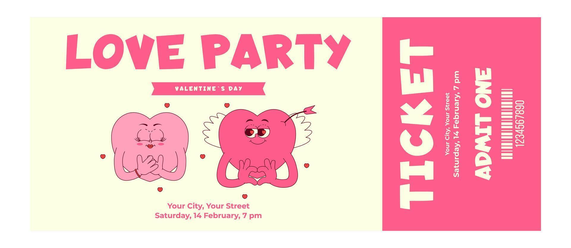 Colorful vintage love party ticket. Cute couple hearts character in retro groovy style. Details events, barcode, date and time. Valentines day, February 14. Flat illustration on white background vector