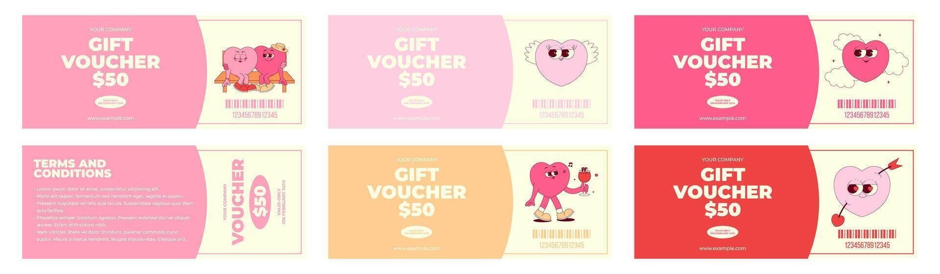 Colorful love gift voucher template set. Cute hearts character in retro groovy style. Offer details, barcode and other information. Flat illustration on white background vector