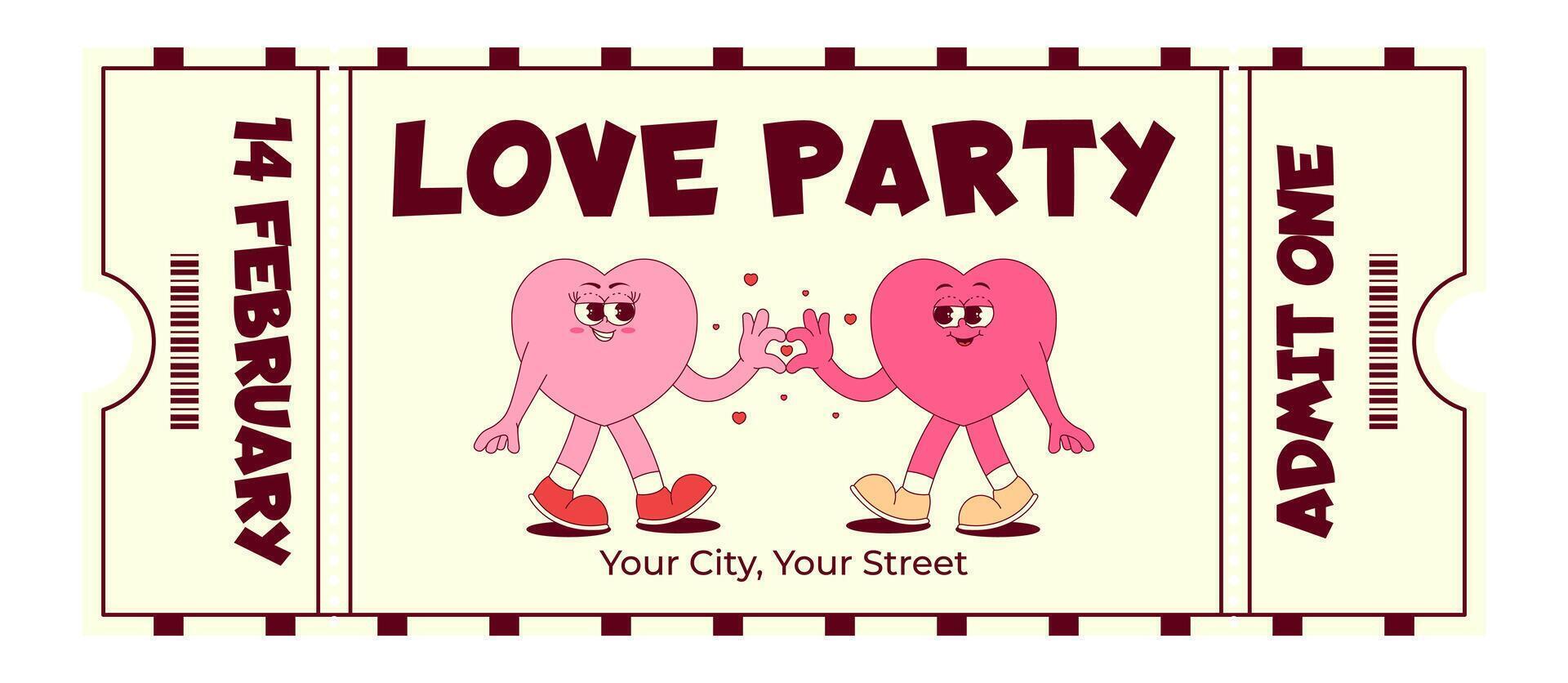 Colorful vintage love party ticket. Lovely and cute couple hearts character in retro groovy style. Details events, barcode, date, time. Valentines day, February 14. Flat illustration vector