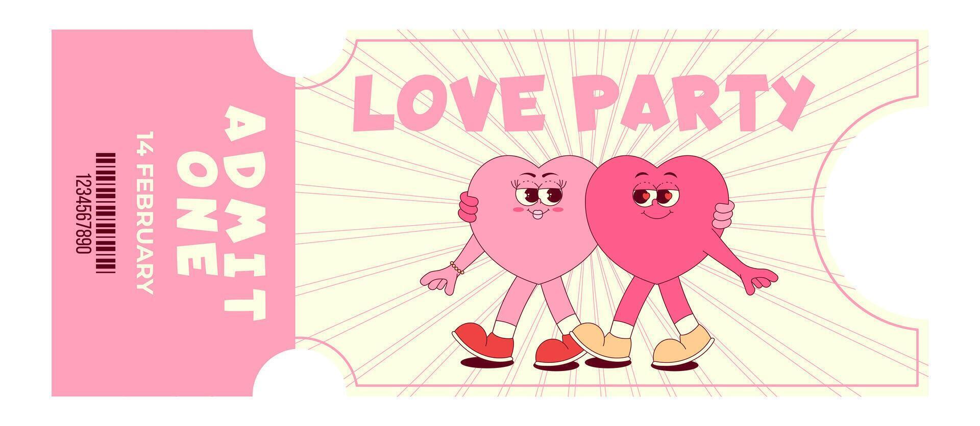 Colorful vintage love party ticket. Lovely walking hearts character in retro groovy style. Details events, barcode, date and time. Valentines day, February 14. Flat illustration on white background vector