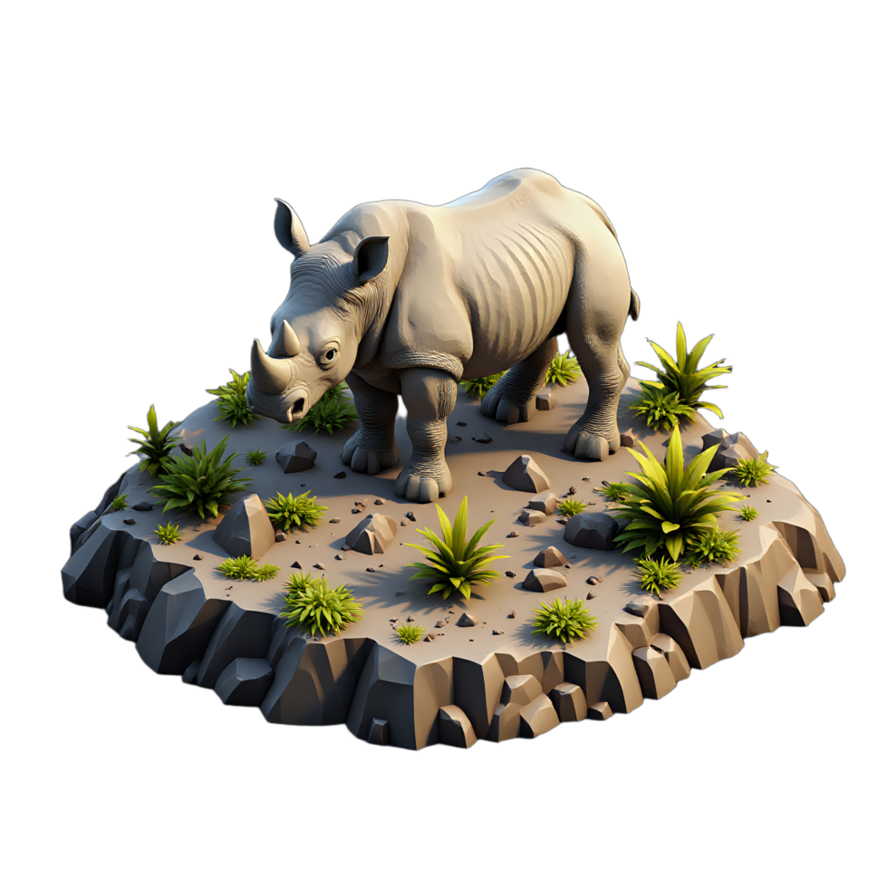 A rhino is standing on a rock in the middle of the desert png