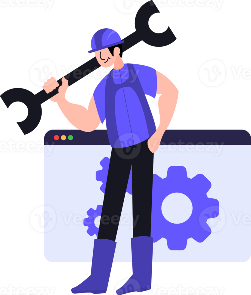 A man holding a wrench and a computer screen png