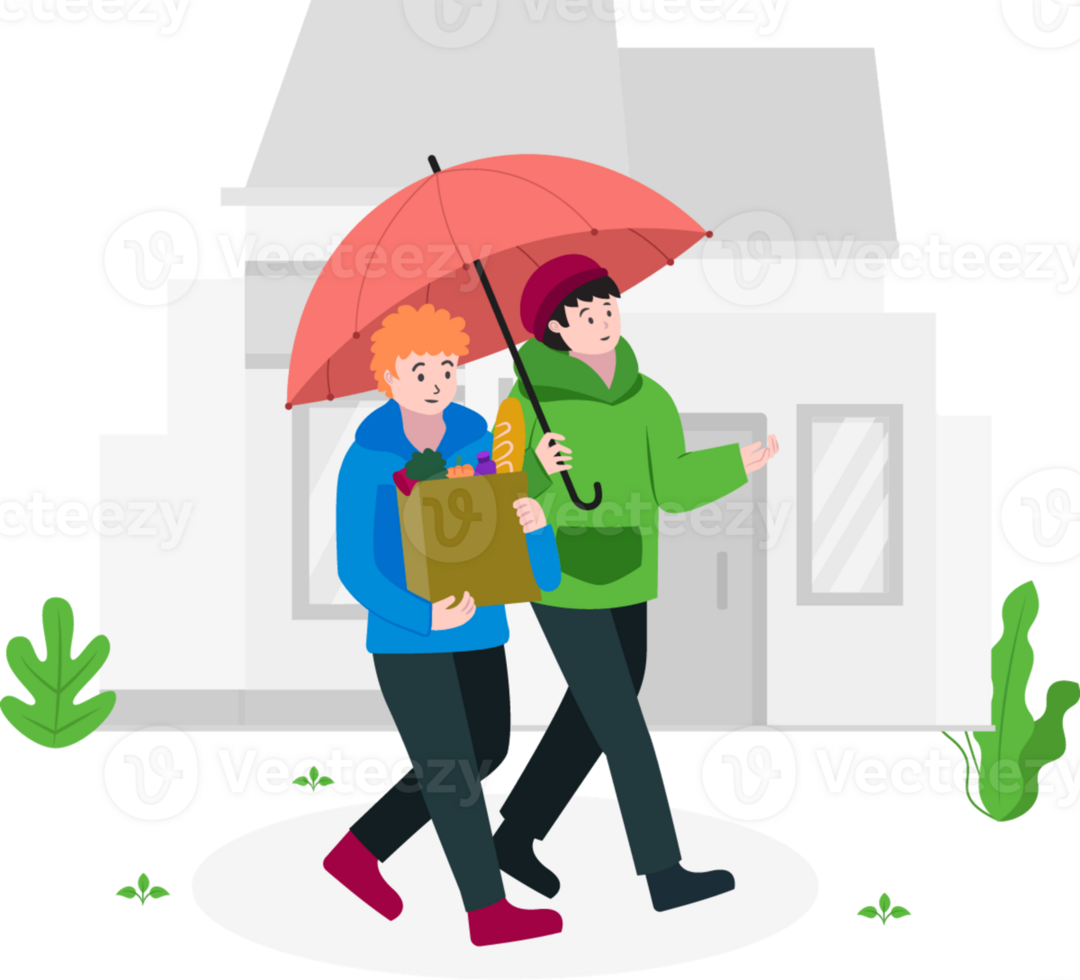 Two people walking under an umbrella in front of a house png