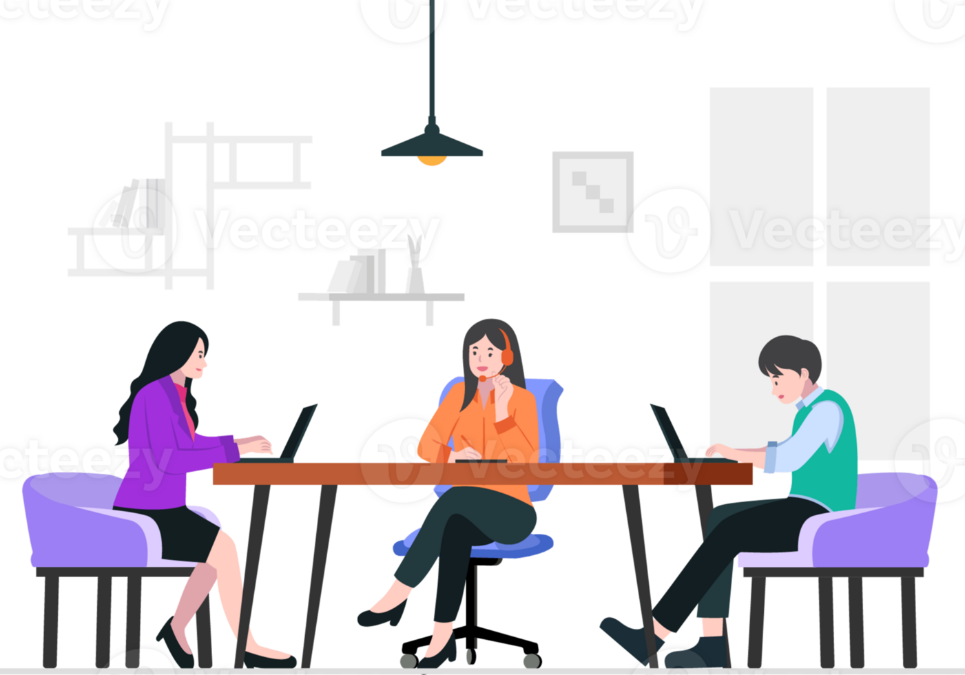 Three people sitting at a table with laptops png