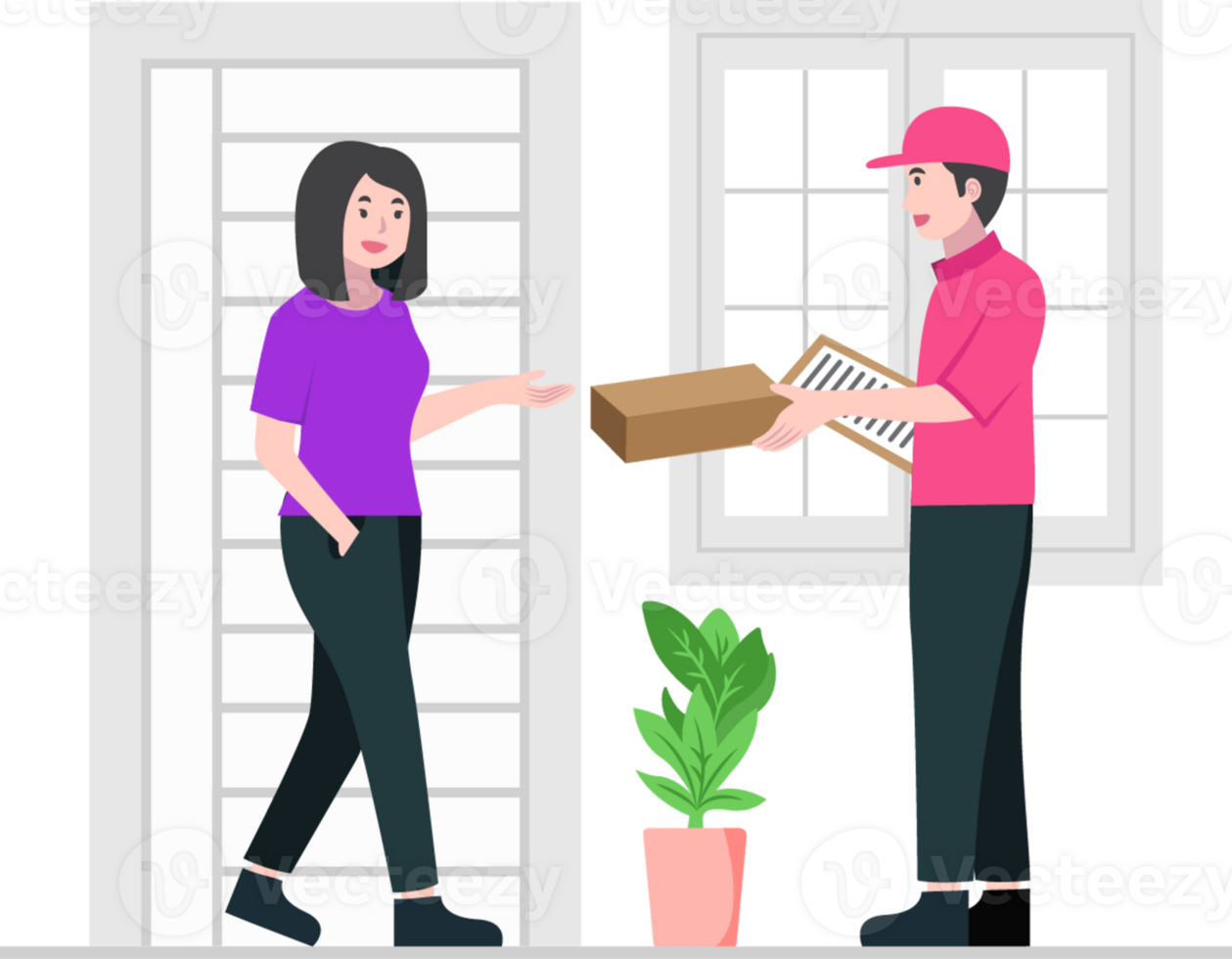 A man and woman are standing in front of a door with a box png