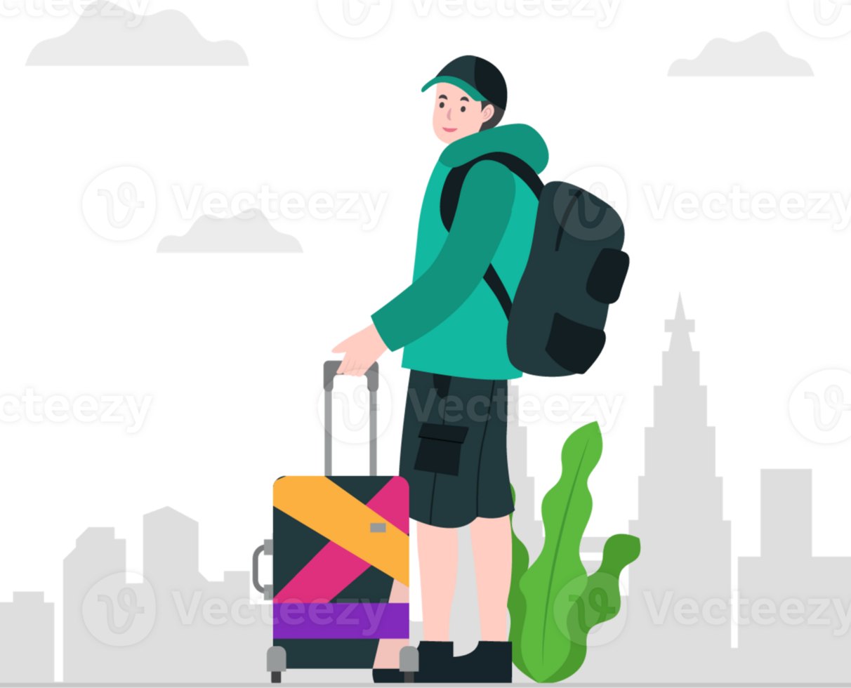 A man with a backpack and suitcase standing in front of a city png