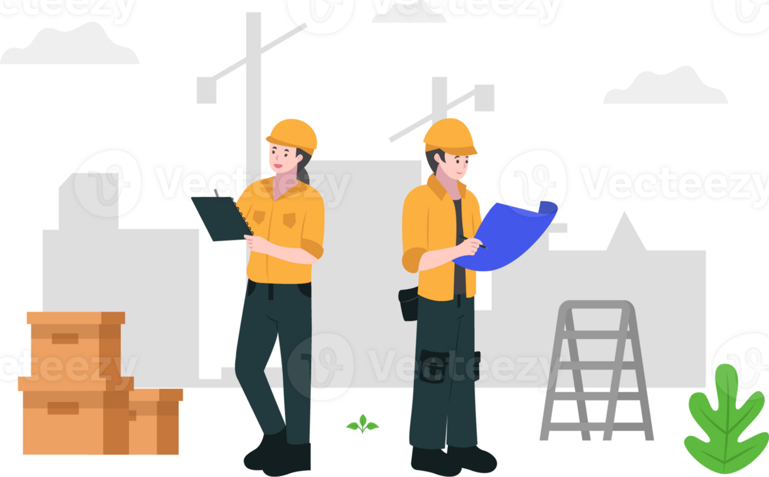 Two construction workers standing in front of a building png