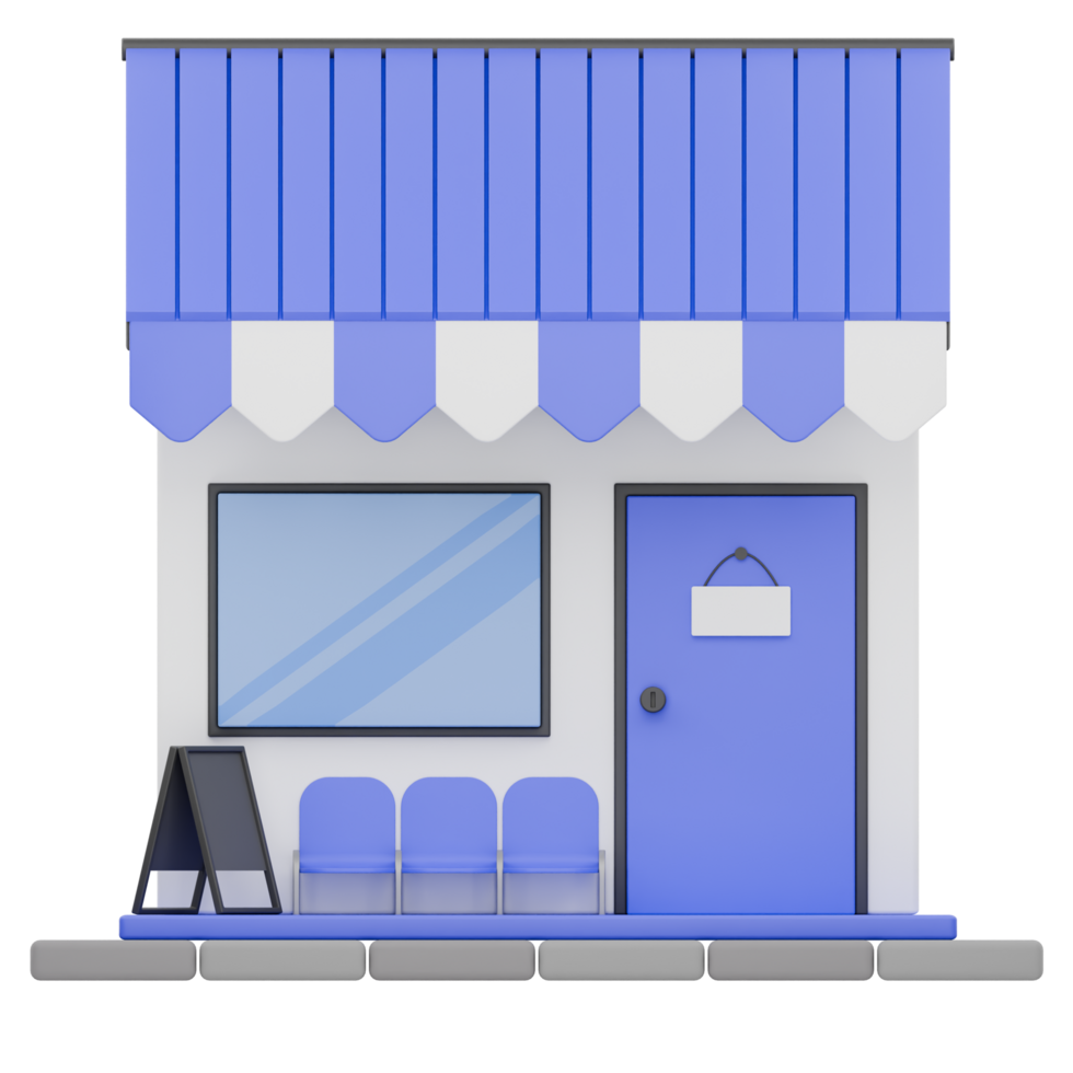 3D Render Front Blue Shop and Store with Menu Board Illustration png