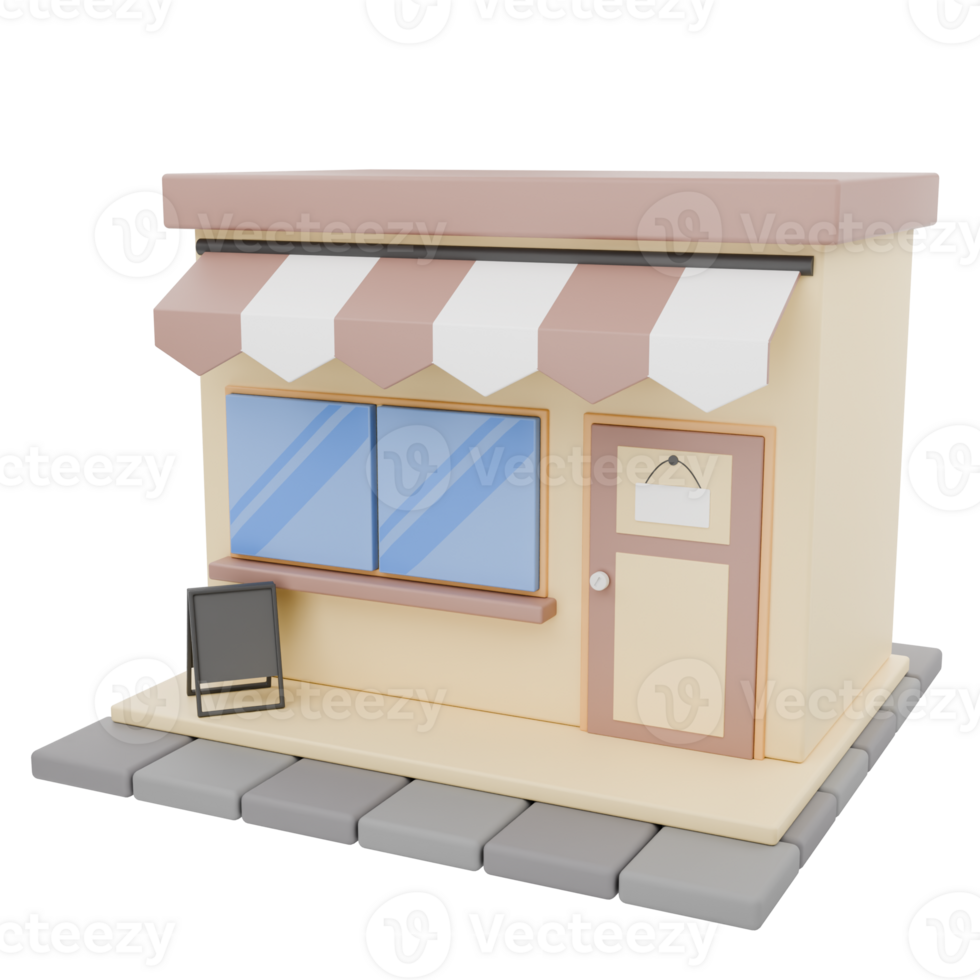 3D Render Front Brown Shop and Store with Menu Board Illustration png