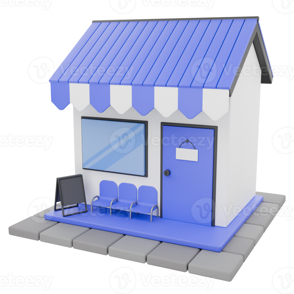 3D Render Front Mini Shop and Store with chair and menu board Illustration png