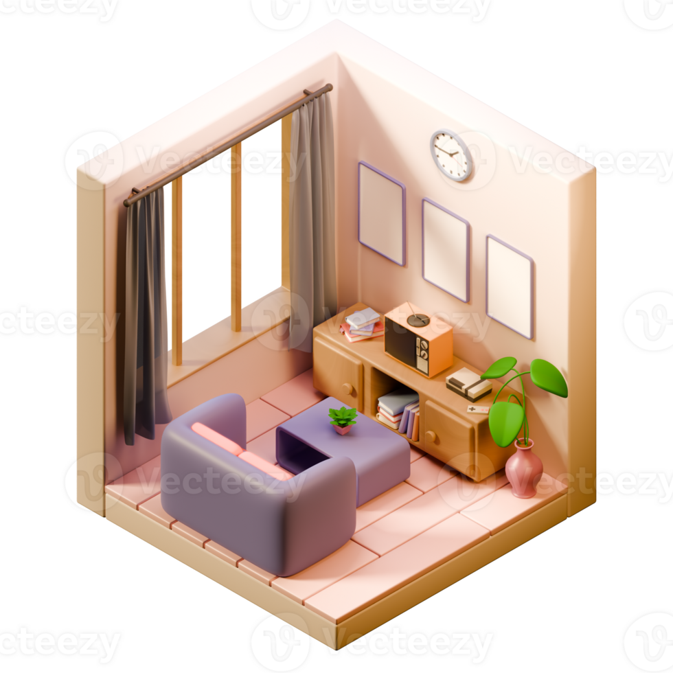 3D Isometric Livingroom with sofa and retro tv Design Decoration png