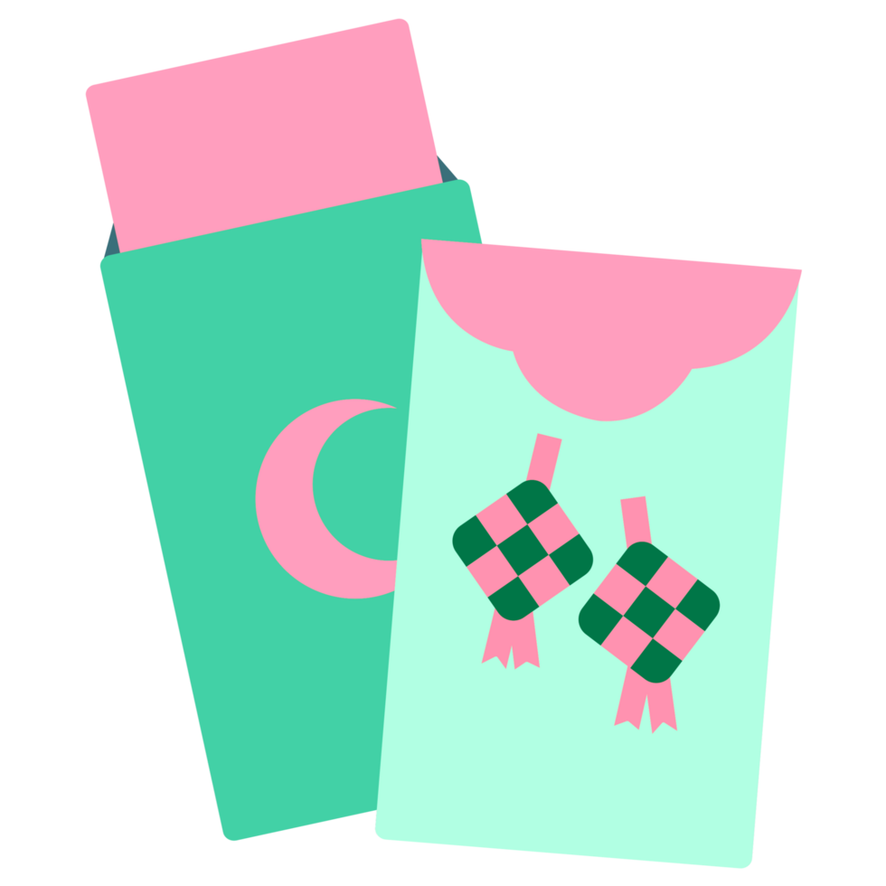 A pink envelope with a green and pink crescent png