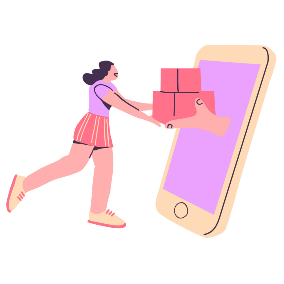 A woman is pushing boxes onto a phone screen png