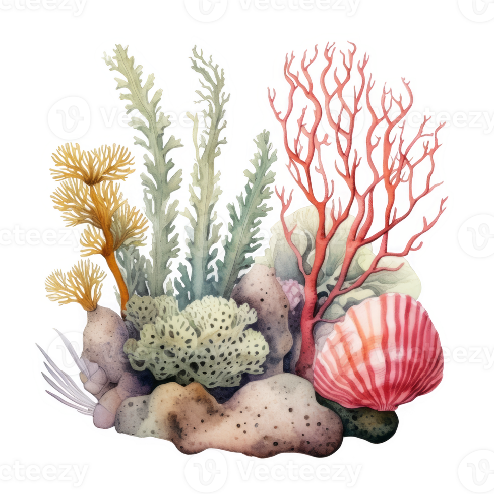 A watercolor illustration of coral and shells png
