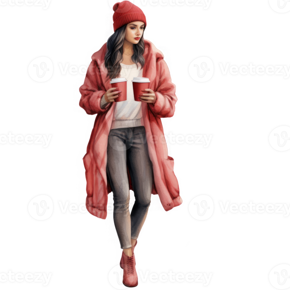 Stylish Woman in Pink Coat Holding Coffee Cups png